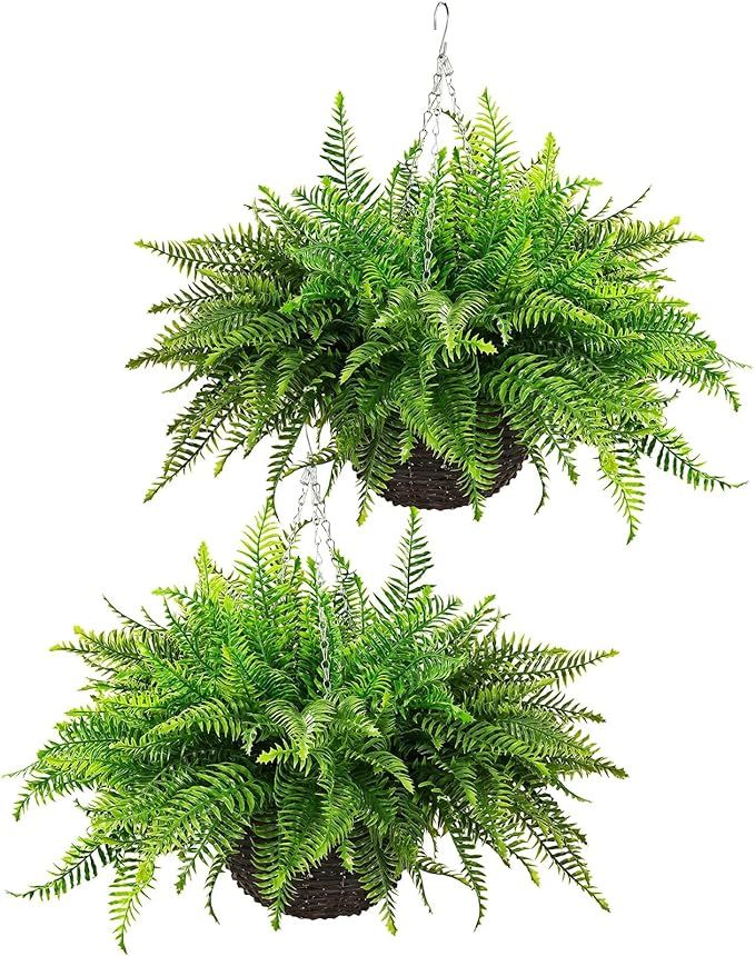 QIANYUN Fake Hanging Plant- 23in Boston Ferns Greenery Plants Artificial Persian Rattan Outdoor U... | Amazon (US)