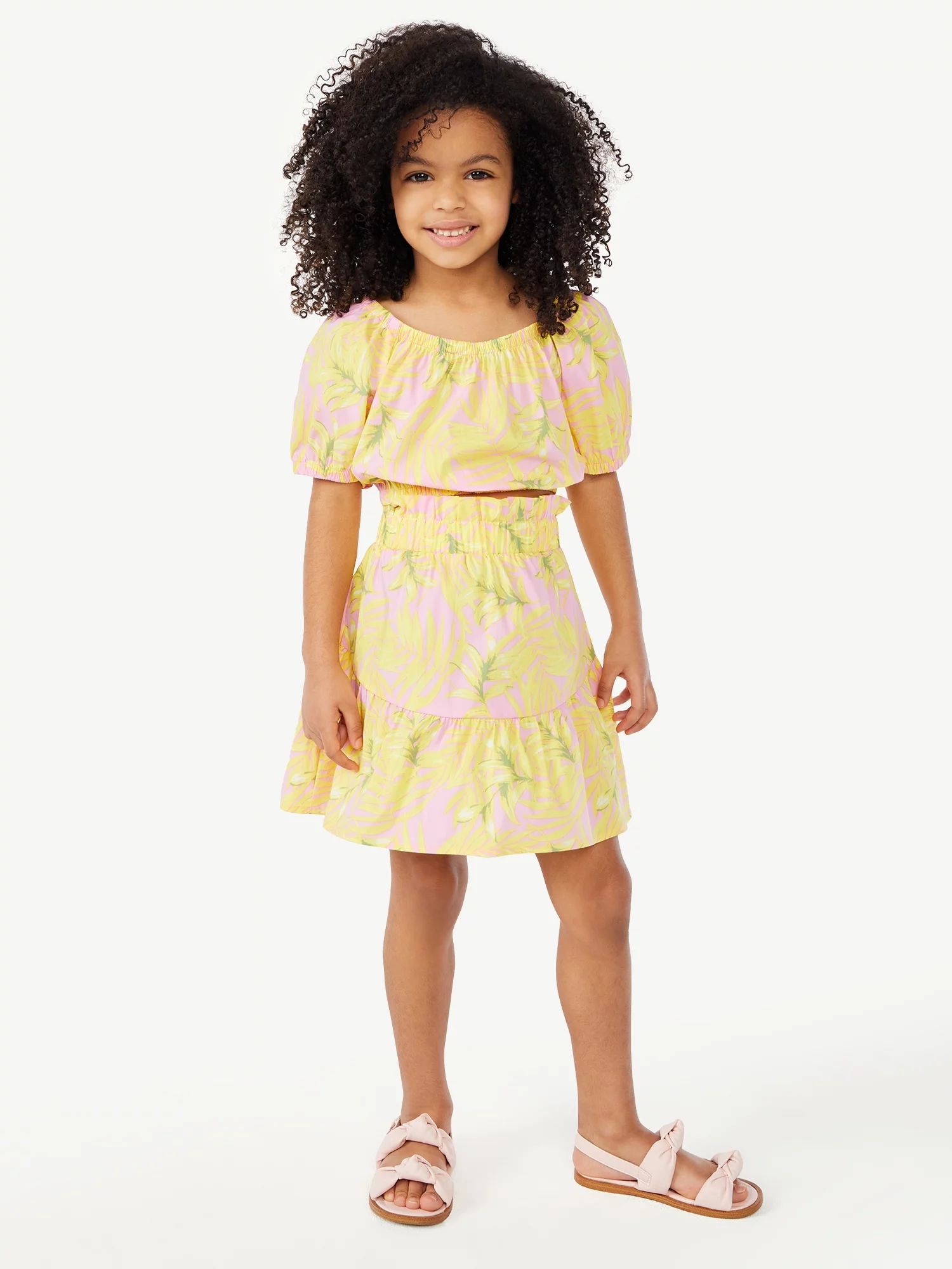 Scoop Girls Puff Sleeve Crop Top and Matching Ruffle Skirt, 2-Piece Outfit Set, Sizes 4-12 | Walmart (US)