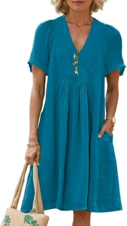 Akivide Women's Flowy Cotton Linen Midi Dress Summer Beach Casual Loose Short Sleeve Baggy A Line... | Amazon (US)