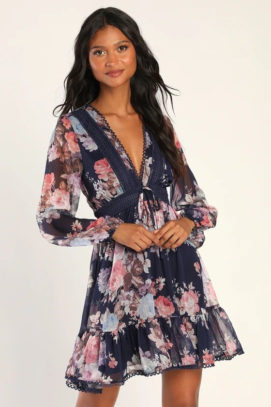 Sweetness Season Dark Blue Floral Print Long Sleeve Mini Dress | Lulus (US)
