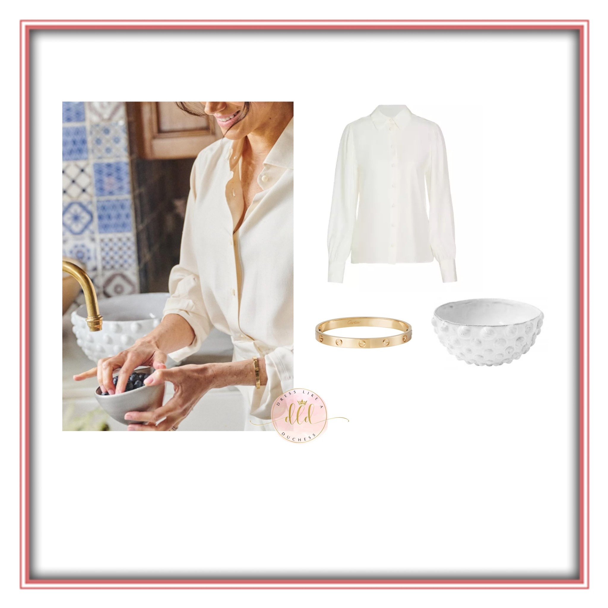 Meghan Markle in new As Ever instagram post wearing a Frame Silk shirt + ASTIER DE VILLATTE Adelaide salad bowl 