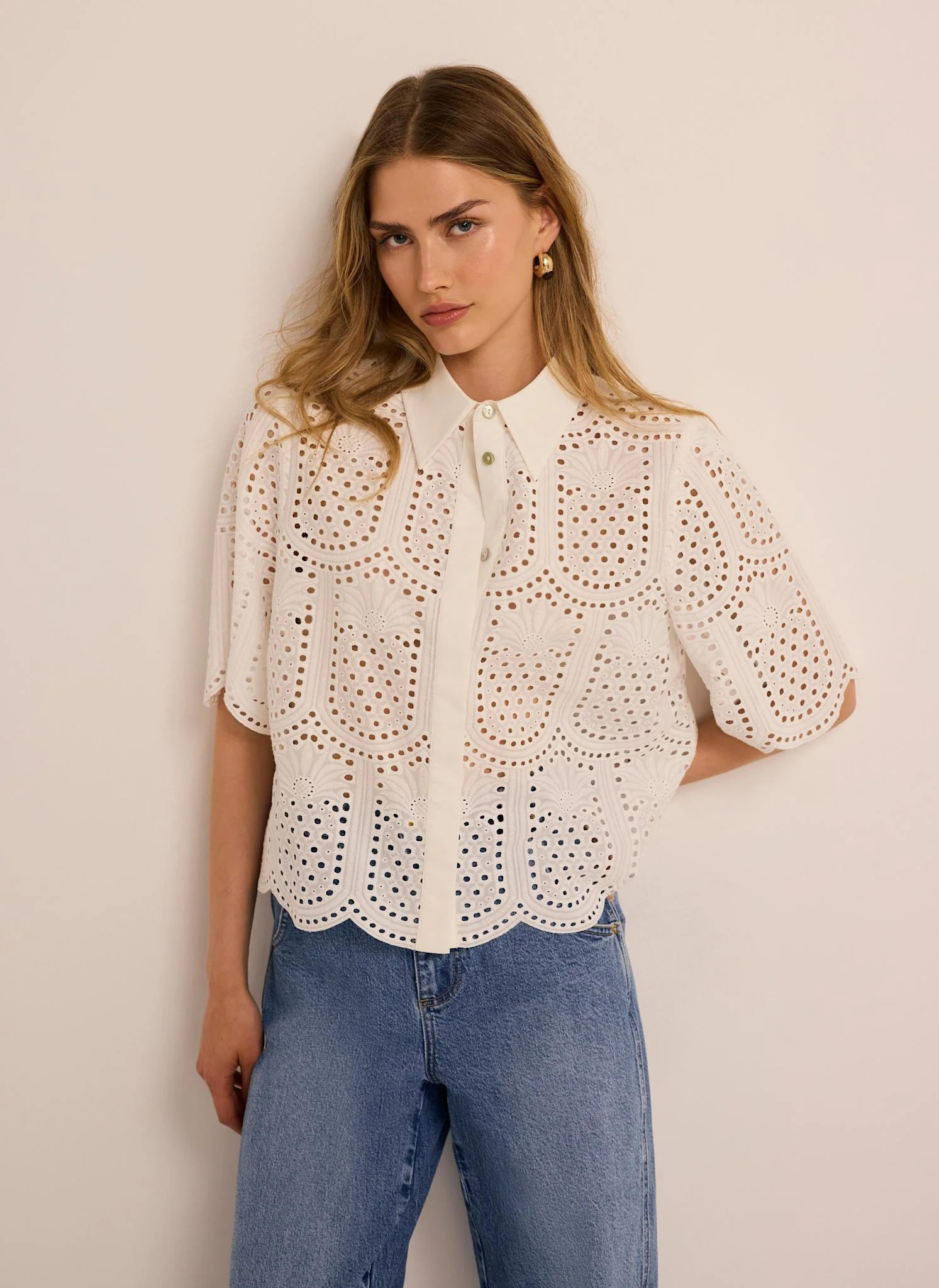 Cream Cotton Broderie Shirt | Mint Velvet