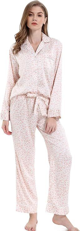 Serenedelicacy Women's Silky Satin Pajamas, Button Up Long Sleeve PJ Set Sleepwear Loungewear | Amazon (US)