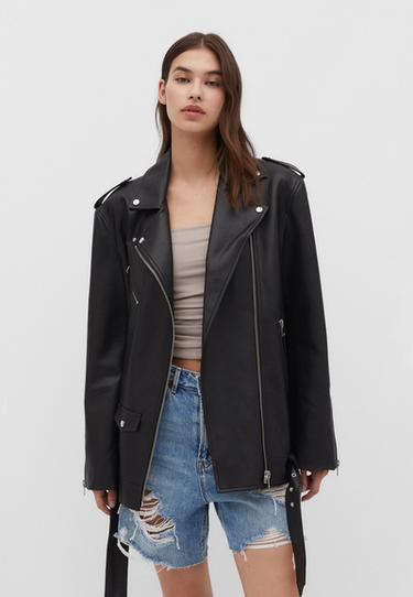 Blouson motard oversize en similicuir - Mode femme | Stradivarius France | Stradivarius (FR)