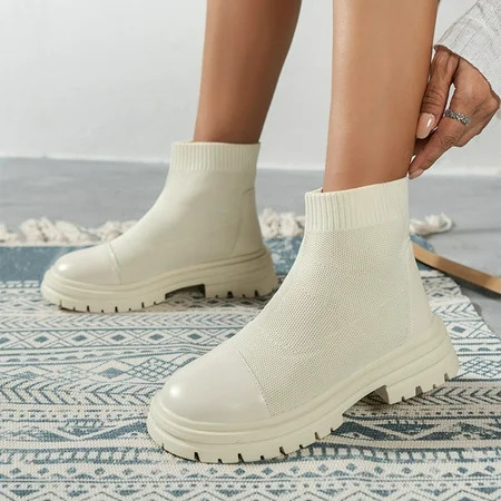 Gubotare Women Winter Boots Women s Round Toe Faux Suede Stacked Heel Western Ankle Bootie Beige 7 | Walmart (US)