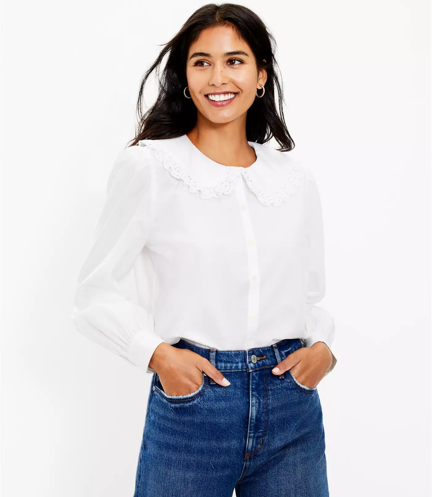 Petite Eyelet Ruffle Collar Blouse | LOFT