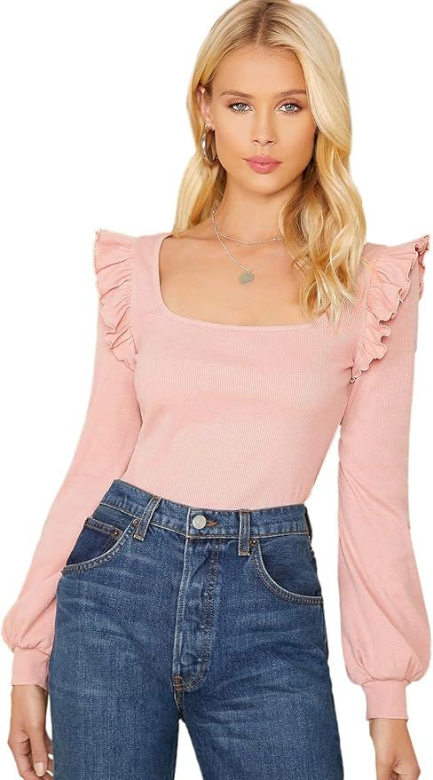 SheIn Women's Long Sleeve Scoop Neck Ruffle Trim Top Blouse Lantern Sleeve Solid Tee | Amazon (US)