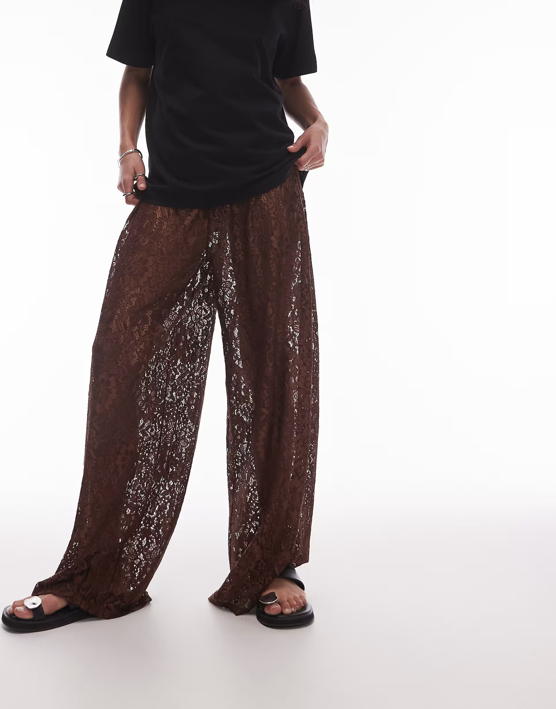 Topshop lace wide leg trousers in brown | ASOS (Global)