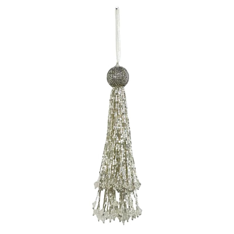 Providence Silver Beaded Tassel Cord, 10" | At Home