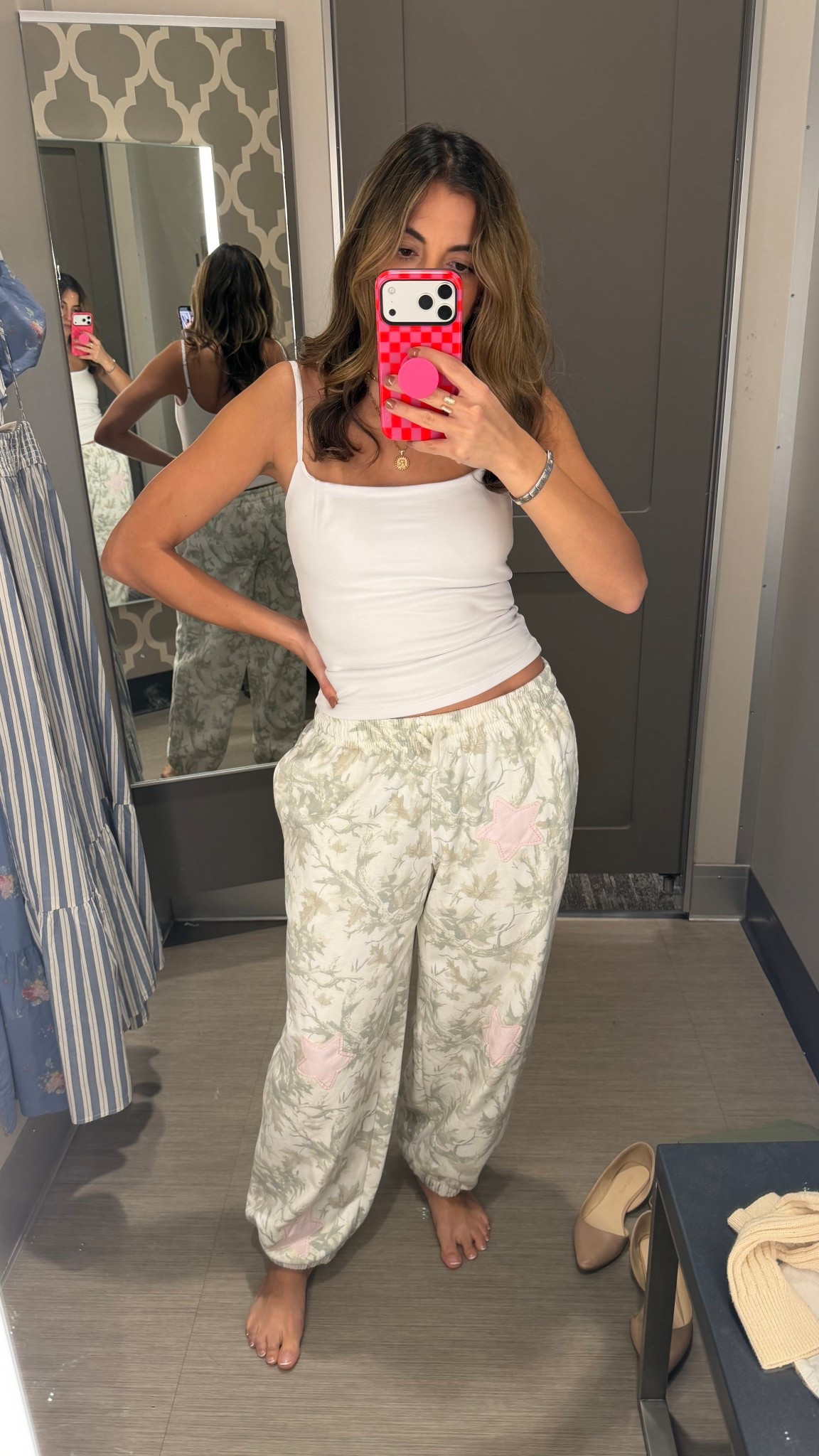 Bra free tank and comfy camo pants 