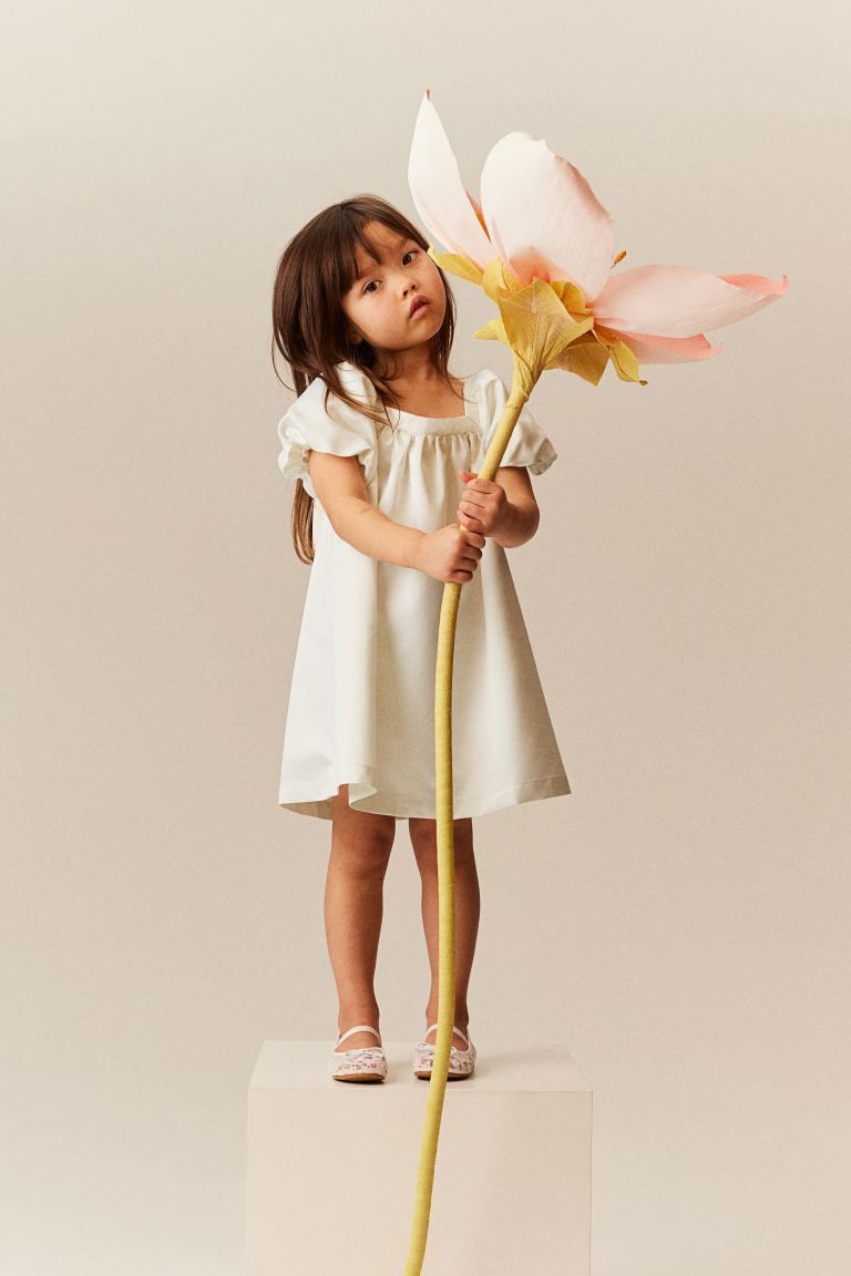 Balloon-sleeved Satin Dress - White - Kids | H&M US | H&M (US + CA)