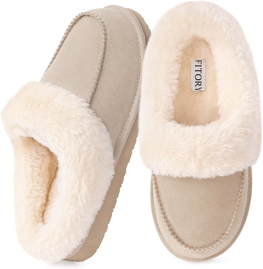 FITORY Women's Suede Slipper, Flat Slip On House Shoes with Faux Fur Lining Indoor Outdoor Short ... | Amazon (US)