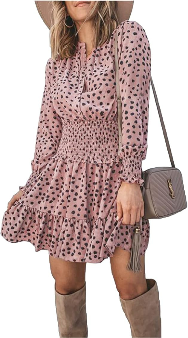 PRETTYGARDEN Women's Long Sleeve Ruffle Casual Boho Button Down Elastic Waist Mini Short Shirt Dress | Amazon (US)