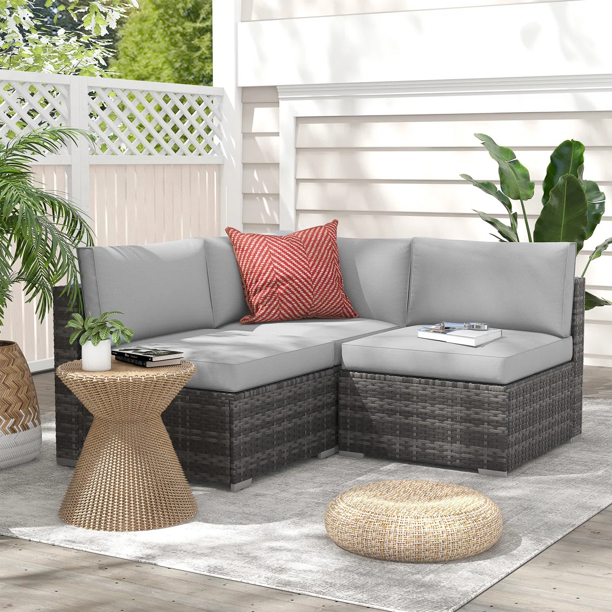 Bryonny Wicker 3 - Person Modular Patio Conversation Set with Cushions | Wayfair North America
