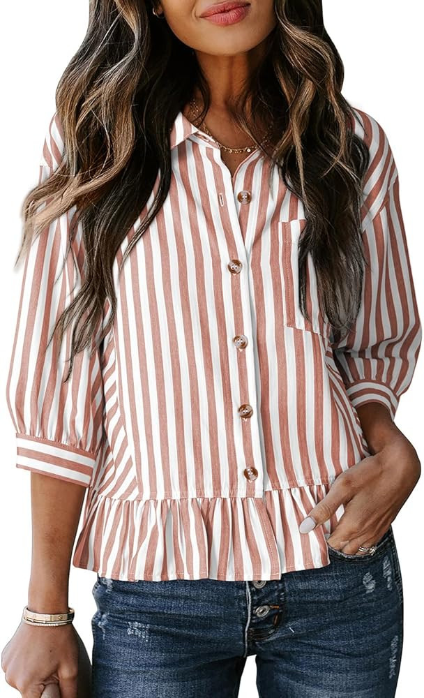 Dokotoo Cropped Button Down Striped Shirt 3/4 Length Sleeve Womens Tops Dressy Casual Blouses Bab... | Amazon (US)