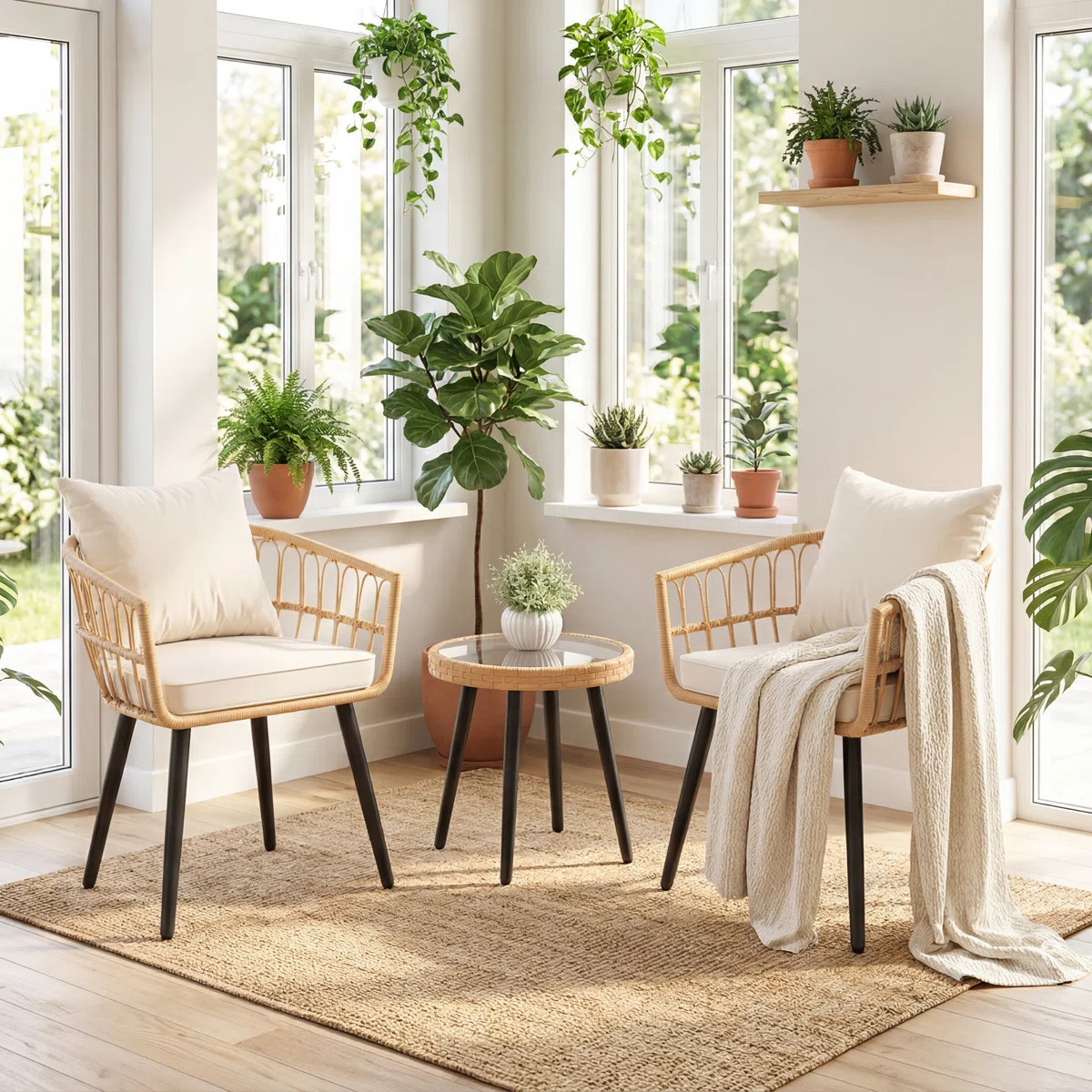 3-piece Outdoor Pe Rattan Bistro Set, All-weather Wicker Chat Set With 2 Armchairs, Cushions And ... | Wayfair North America