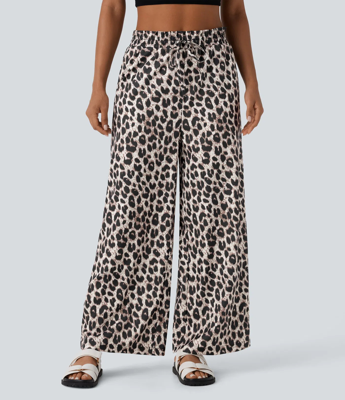 Women’s High Waisted Drawstring Pocket Leopard Print Wide Leg Casual Pants - Halara | HALARA