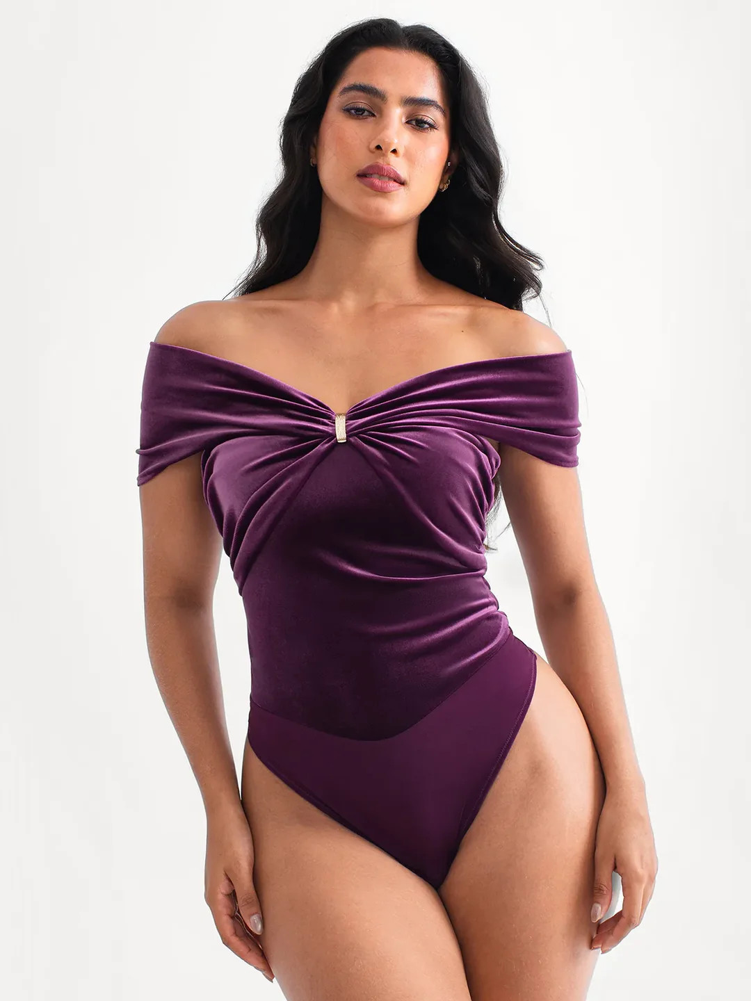 Velvet Twist Front Off-The Shoulder Sculpting Bodysuit | Popilush