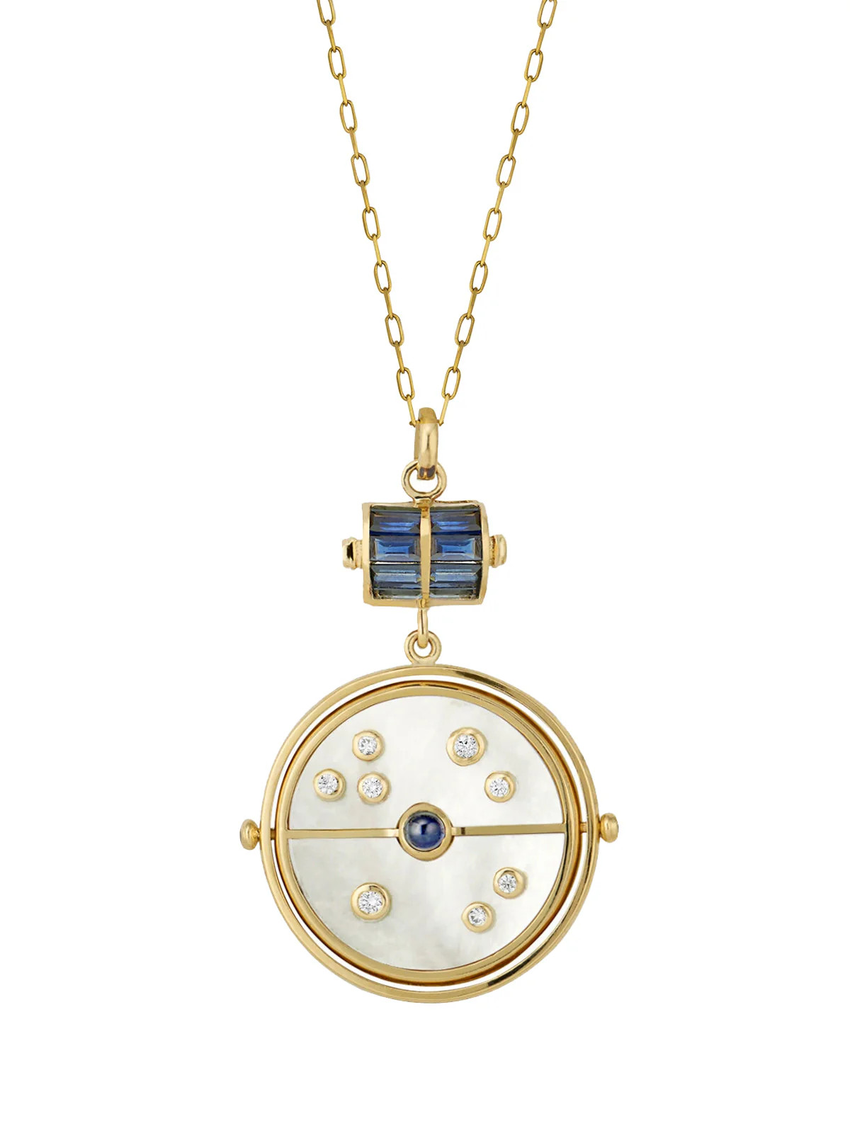 Grandfather Mother of Pearl and Blue Sapphire Compass Yellow Gold Pendant Necklace | YLANG 23