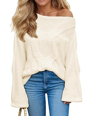 Saodimallsu Womens Off One Shoulder Sweaters Boat Neck Cable Knit Long Lantern Sleeve Loose Fall ... | Amazon (US)
