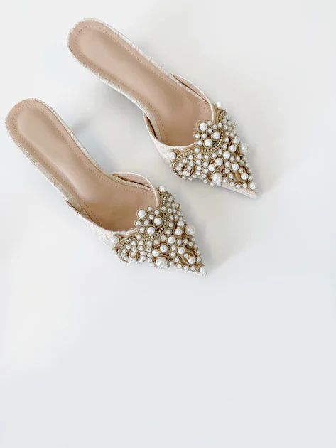 Valentina Pearl Embellished Kitten Heel  | Cream | Vita Grace
