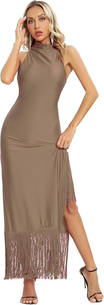 Aigeman Women Vintage Flapper Dresses 1920s Great Gatsby Halter Fringed Maxi Dress Tassels High S... | Amazon (US)
