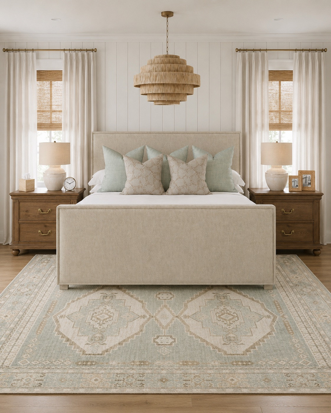 primary bedroom, master bedroom, bedroom decor, bedroom ideas, bedroom inspiration, bedroom makeover, neutral bedroom, coastal bedroom, modern coastal, transitional bedroom, upholstered bed, upholstered bed frame, wood nightstands, wood dresser, bedroom dresser, 6 drawer dresser, vintage style rug, washable rug, bedroom area rug, linen curtains, bamboo shades, woven shades, bedroom lighting, statement chandelier, rattan chandelier, bedroom lamps, throw pillows, neutral bedding, blue bedroom decor, coastal home decor, timeless home decor, Serena and Lily style, Studio McGee style, Nancy Meyers aesthetic

#LTKHome #LTKSaleAlert #LTKdayinmylife