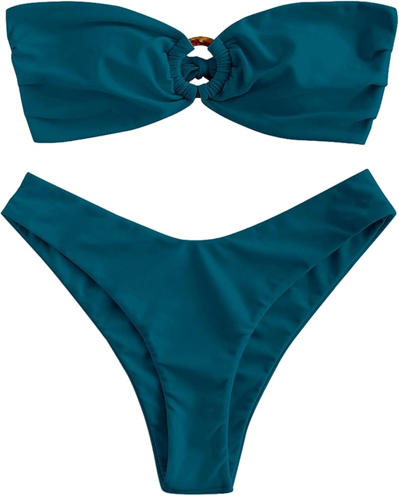 ZAFUL Women's Bandeau Bikini O Ring Strapless Tie Back High Cut Two Piece Swimsuit Bathing Suits | Amazon (US)