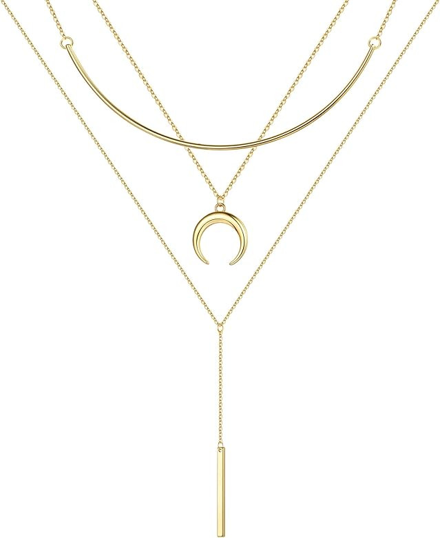 Gold Layered Necklaces for Women - 14K Gold Plated Handmade Multilayer Bar Pearls Coin Disc Moon ... | Amazon (US)