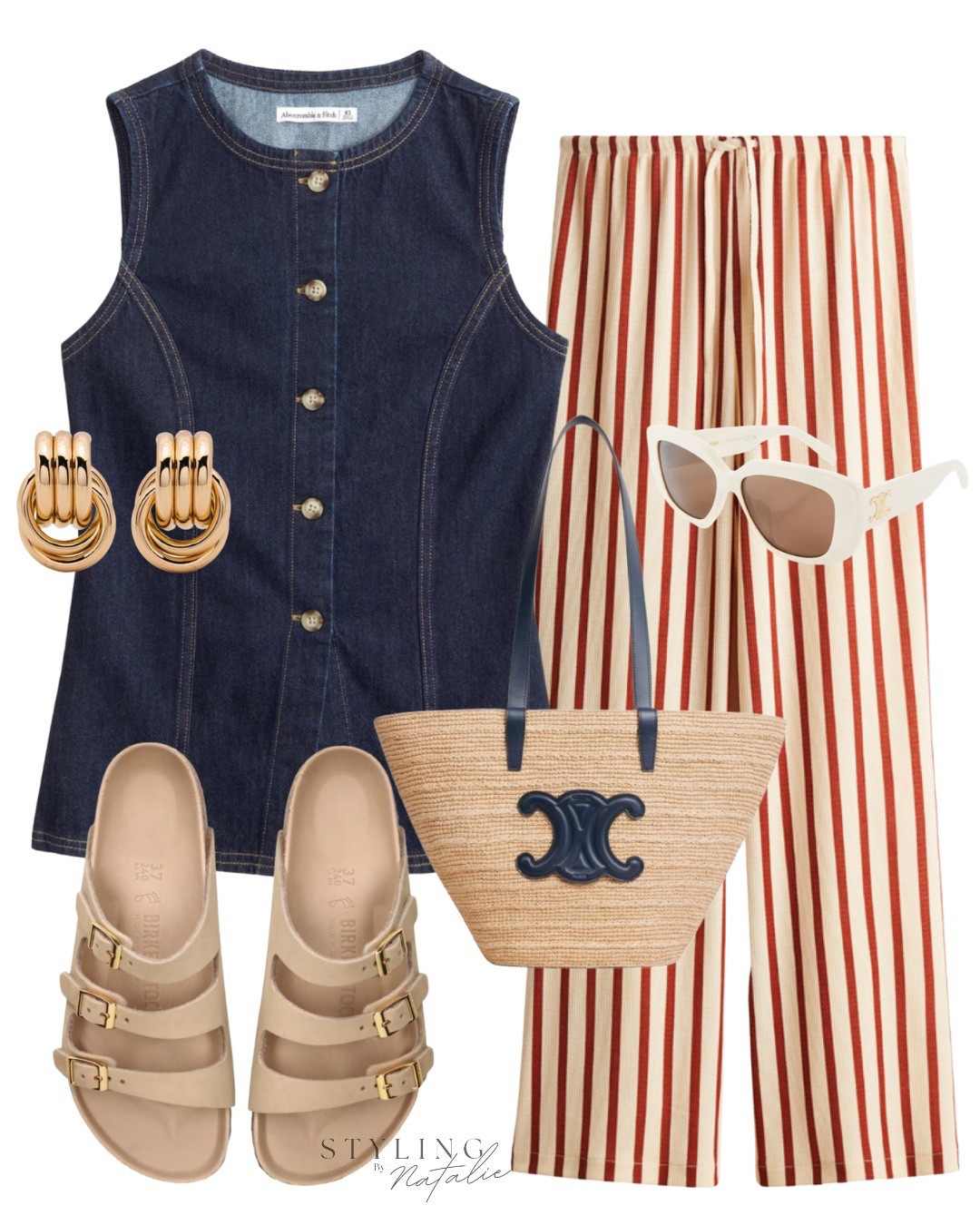 Denim waistcoat, red stripe drawstring trousers, Celine raffia  tote bag, Birkenstock sandals, gold earrings and Celine sunglasses. 
Summer outfit, dark denim, trending style, H&M, Abercrombie, high street, casual style

#LTKsummer #LTKspring #LTKuk