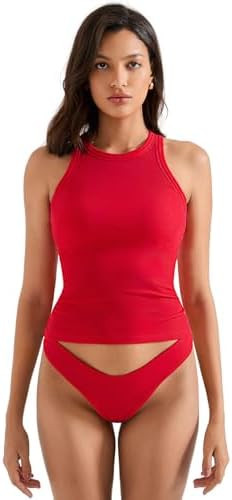 SUUKSESS Women Padded Cotton Ribbed Tank Tops High Neck Racerback Basic Tops | Amazon (US)