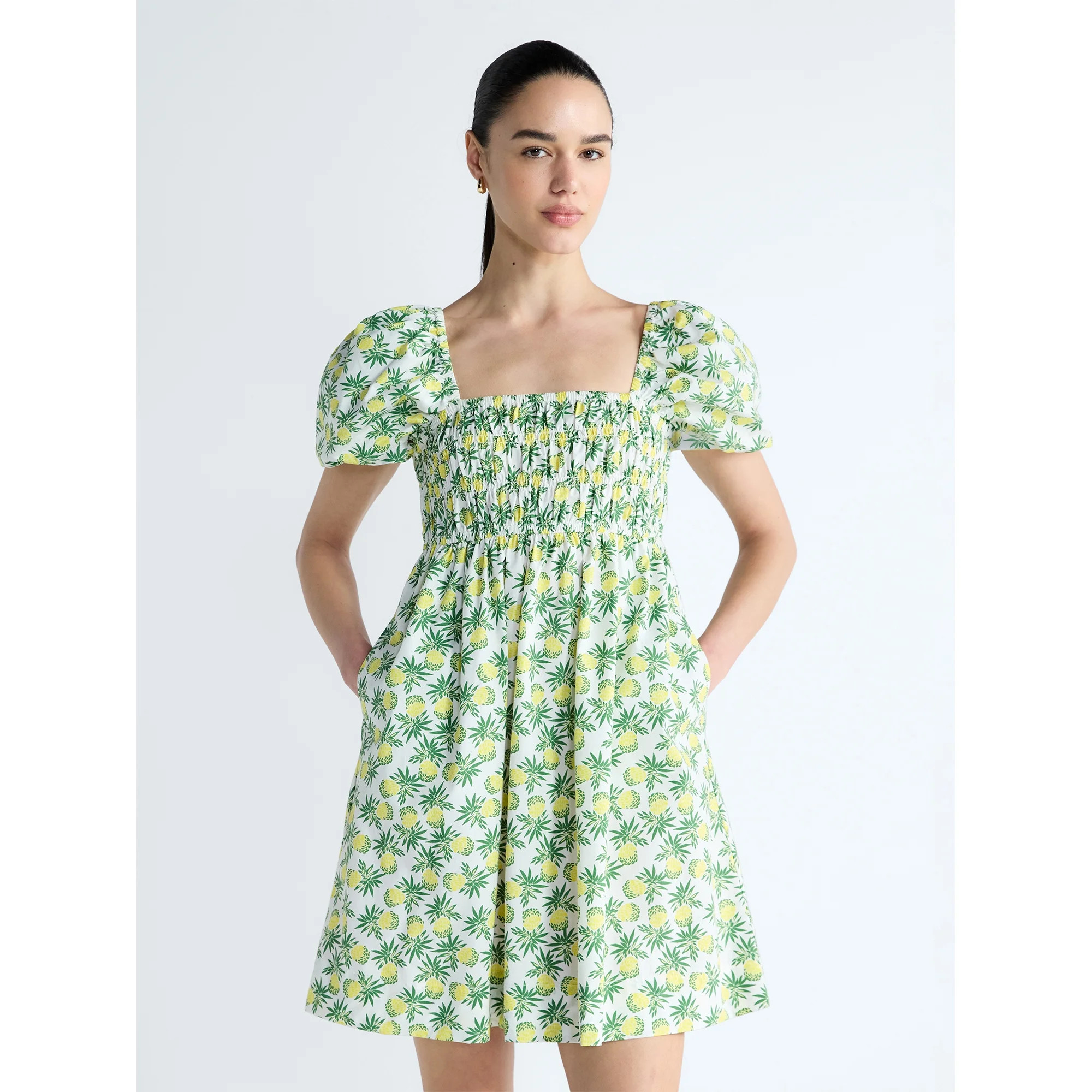 Free Assembly Women's and Women's Plus Smocked Cotton Peasant Mini Dress with Puff Sleeves, Sizes... | Walmart (US)