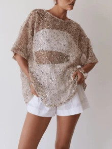 LocalWomen Sequin Sheer Short Sleeve Glitter T Shirt Oversized Sparkly Hollow Out Half Sleeve Kni... | SHEIN