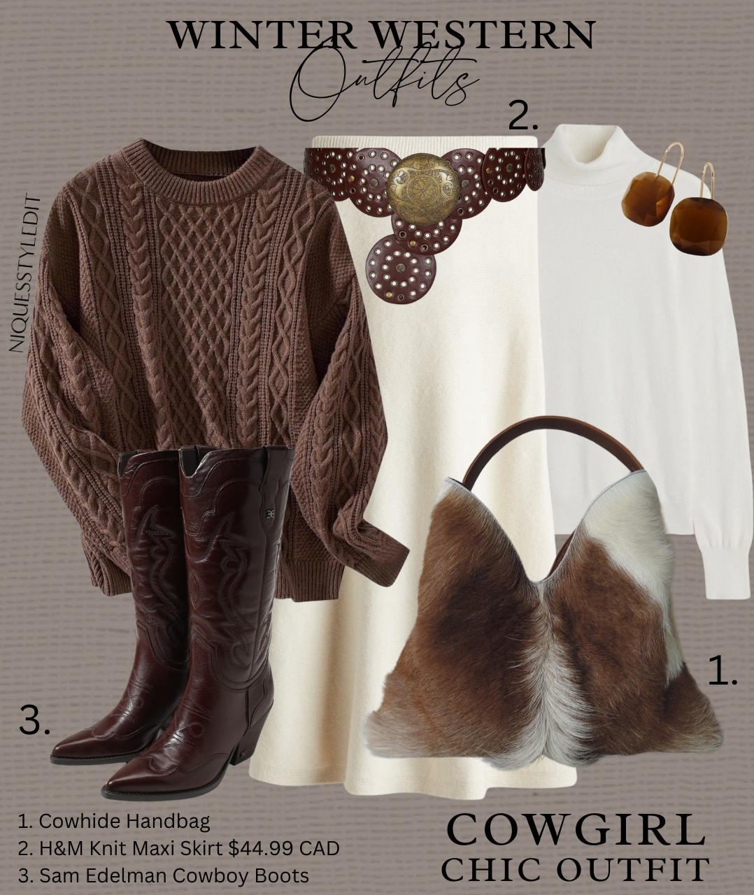 🤎✨ Cozy up this winter in chic western outfits featuring timeless brown tones, creams, and greys paired with stunning cowhide bags that are perfect for travel or everyday style! Whether you’re heading out for a casual day, planning a winter getaway, or embracing a modern cowgirl aesthetic, these looks have you covered.

🌵 Outfit Inspo:
1️⃣ Winter Cowgirl Chic: A knit maxi skirt, cable knit sweater, and cowboy boots paired with a gorgeous cowhide handbag – cozy and effortlessly elegant.
2️⃣ Everyday Western Vibes: A knit Aztec sweater, jeans, moto boots, and a shearling winter coat, completed with a functional yet stylish cowhide backpack – perfect for casual days.
3️⃣ Cowgirl Travel Outfit: Jeans, a horse-print cardigan, comfy Birkenstocks, and a sleek cowhide duffle bag – the ultimate mix of comfort and style for your next getaway. 

Tap to shop your favorite western-inspired looks now! 

#WinterWesternStyle #CowgirlChic #moderncowgirlstyle #ChicWesternWardrobe

#LTKbag #LTKstyletip #LTKwinter