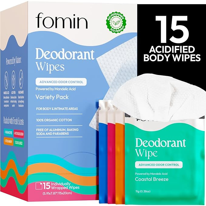 FOMIN Acidified Travel Deodorant Wipes For Women & Men - 15 Count - Variety Pack - pH Balanced, M... | Amazon (US)