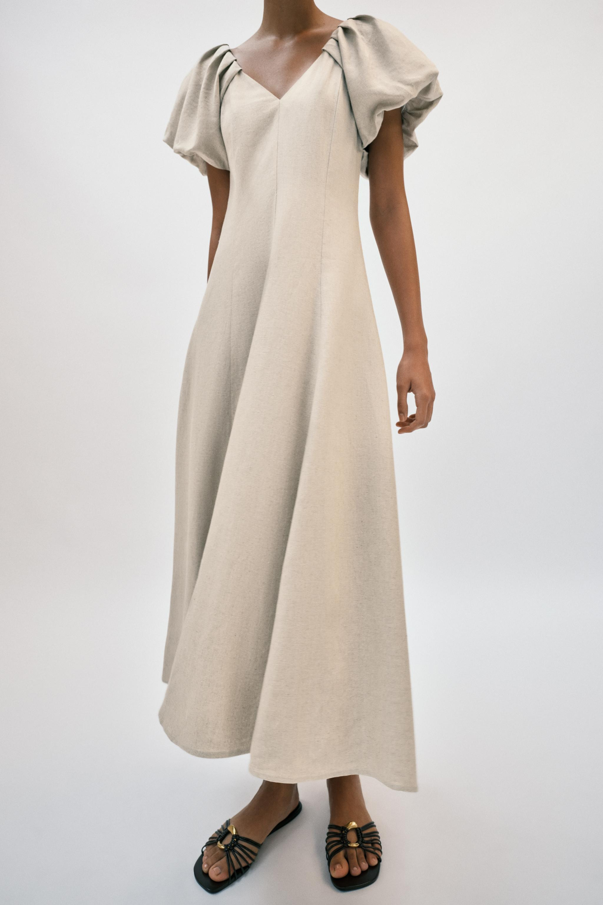 LINEN BLEND PUFF SLEEVE MIDI DRESS | Zara US