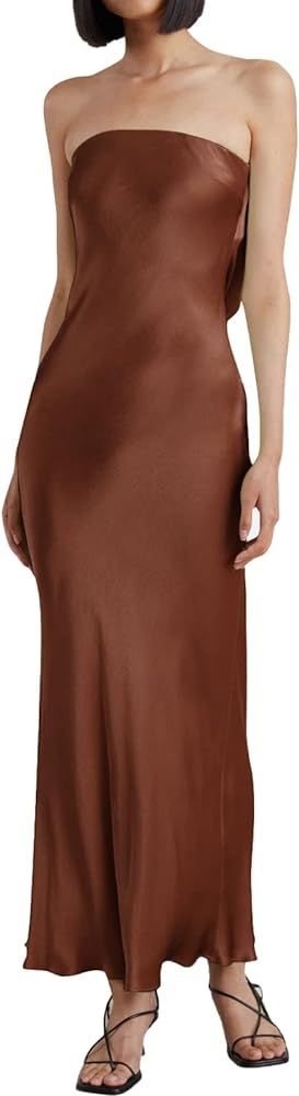 Summer Women's Satin Strapless Tube Maxi Dresses 2023 Sexy Silk Backless Prom Midi Dresses for Wo... | Amazon (US)