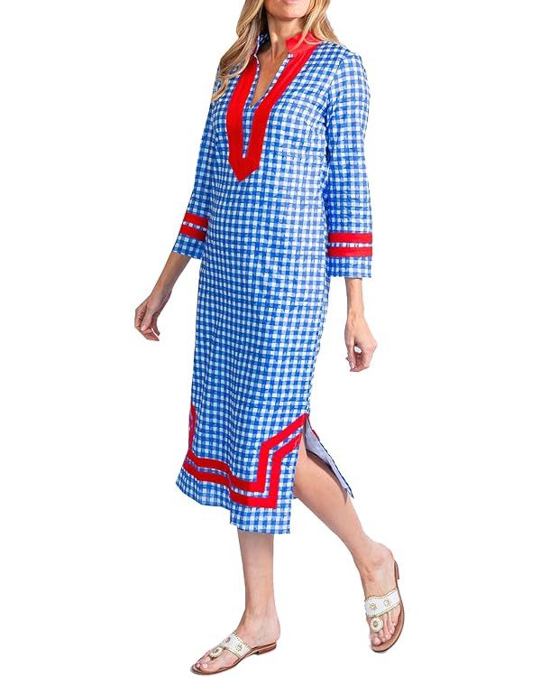 Women's Plaid Print Shirt Dresses Long Sleeve Classic Maxi Tunic Dress V Neck Side Slit Smocked D... | Amazon (US)