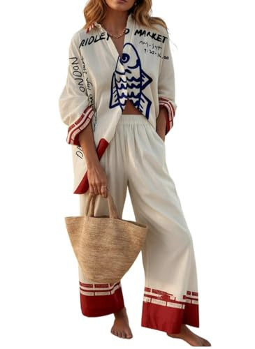 Epanus Women's Beige Fish Print 2 Piece Outfit, Button Down Shirt and Loose Pants Matching Set, Casual Beach Vacation Wear | Amazon (US)
