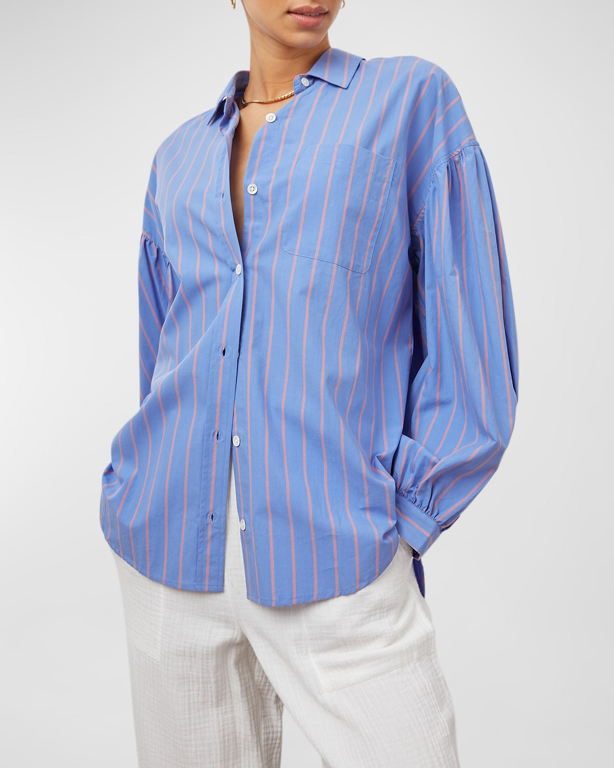 Janae Striped Balloon-Sleeve Button-Front Shirt | Neiman Marcus