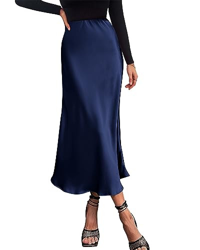 BTFBM 2026 Womens Spring Summer Long Satin Skirt Silk Elegant High Waist Cocktail Party Wedding Flowy A-Line Midi Skirts(Navy, Large) | Amazon (US)