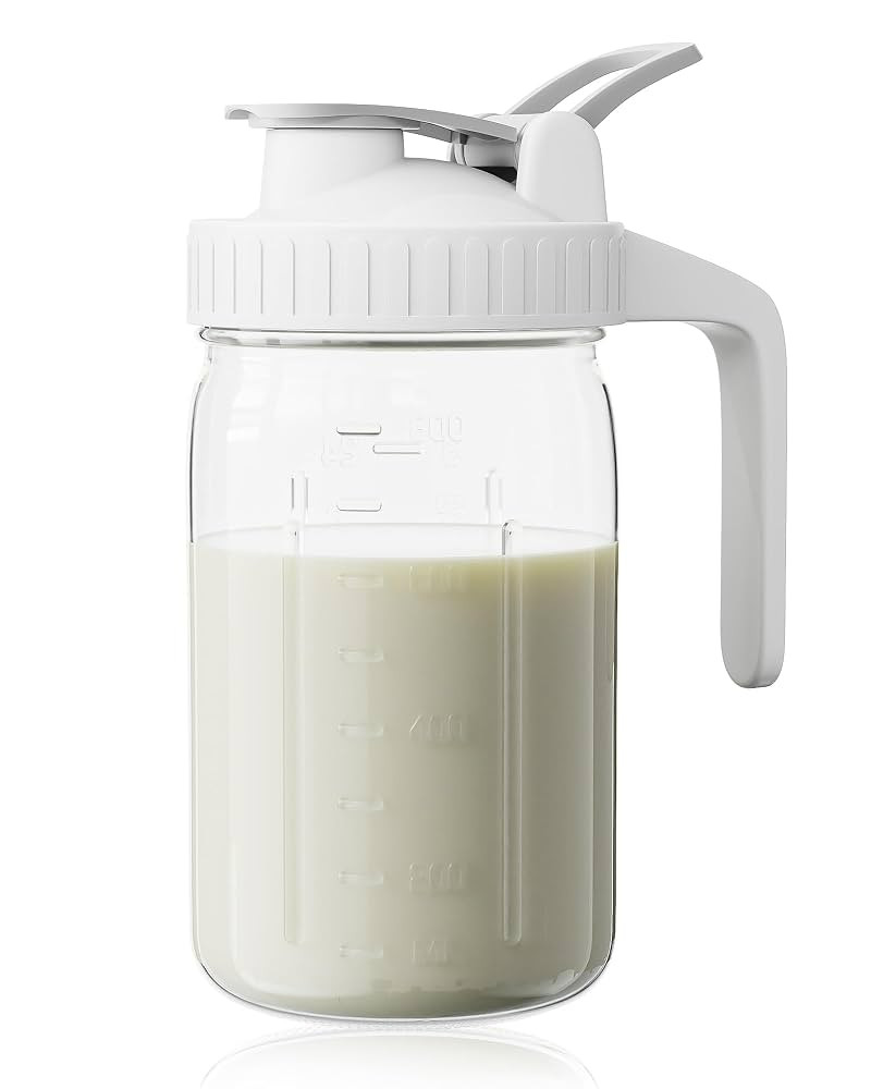 Breast Milk Pitcher, Mason Jar 32 oz, Heavy Duty Wide Mouth Jar with White Flip Cap Lid and Pour ... | Amazon (US)