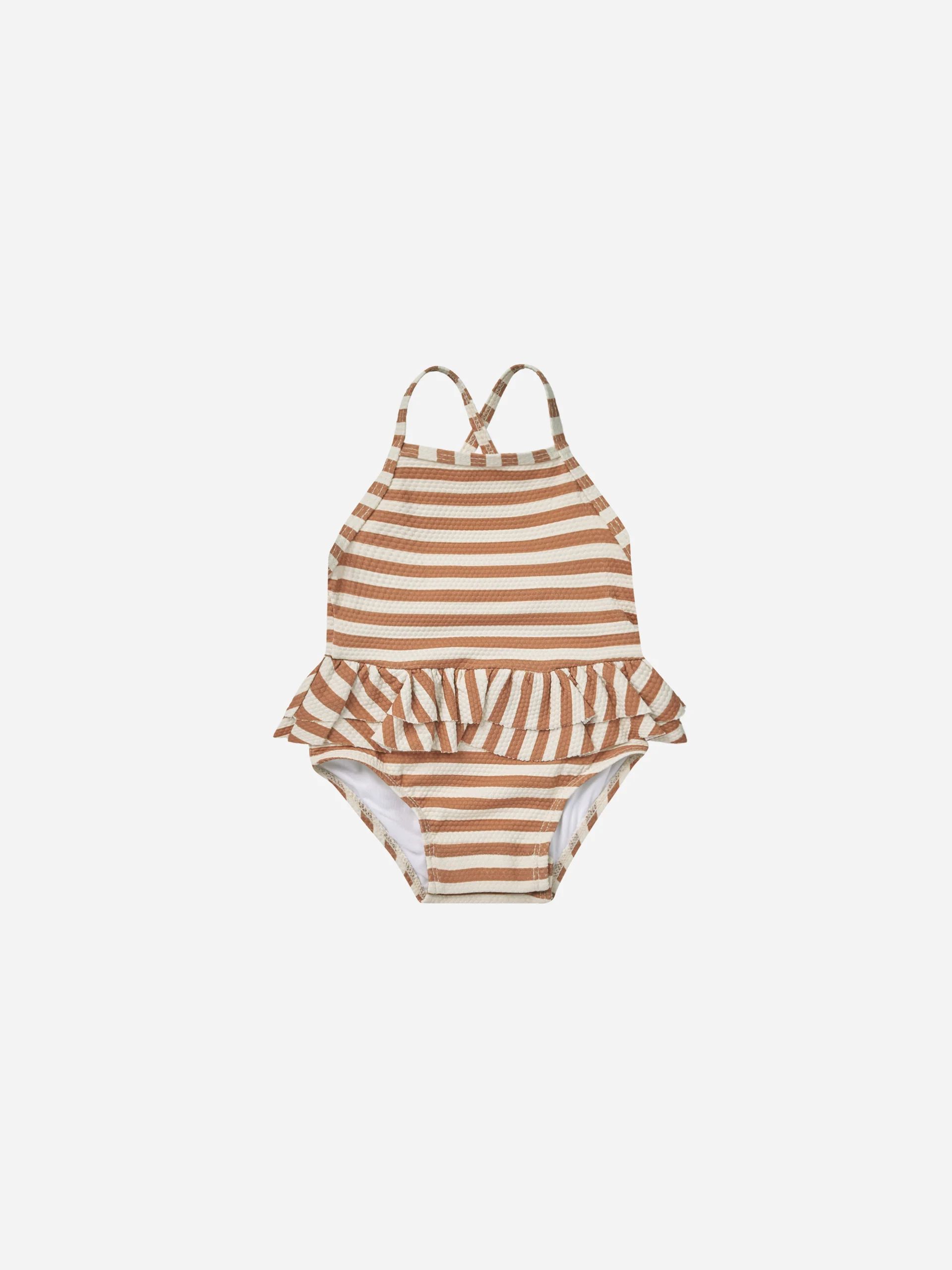 Ruffled One-Piece Swimsuit || Clay Stripe | Rylee + Cru