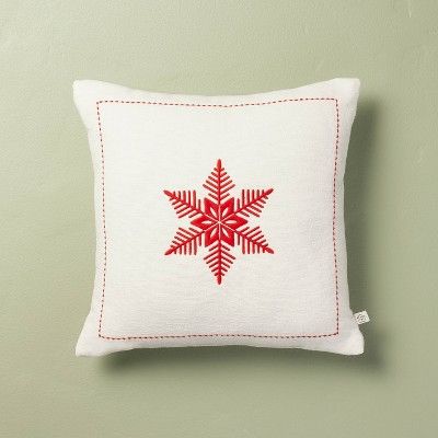 14"x14" Embroidered Snowflake Square Throw Pillow Cream/Red - Hearth & Hand™ with Magnolia | Target