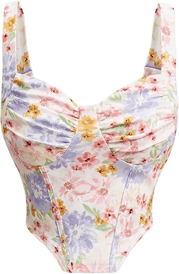 BEAUDRM Women's Floral Print Wide Strap Cami Ruched Crop Top Boho Slim Fit Sleeveless Asymmetrica... | Amazon (US)