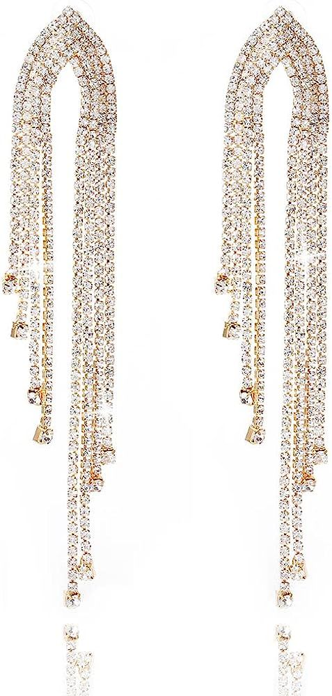 Yokawe Tassel Dangle Drop Earrings Gold Sparkly Rhinestone Earrings Boho Statement Long Chain Cry... | Amazon (US)