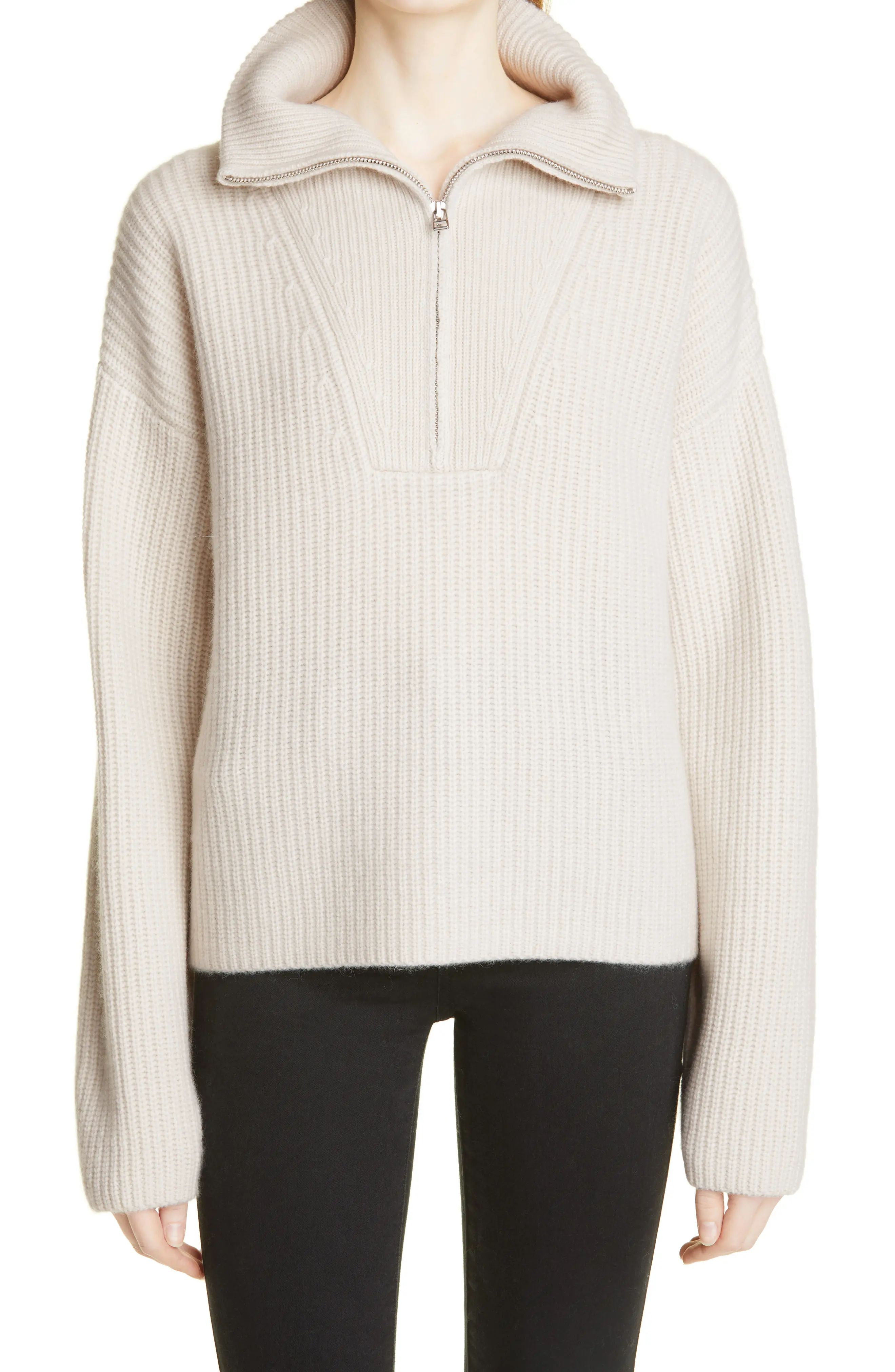 Nordstrom Signature Rib Half Zip Cashmere Sweater in Ivory Sand at Nordstrom, Size X-Small | Nordstrom