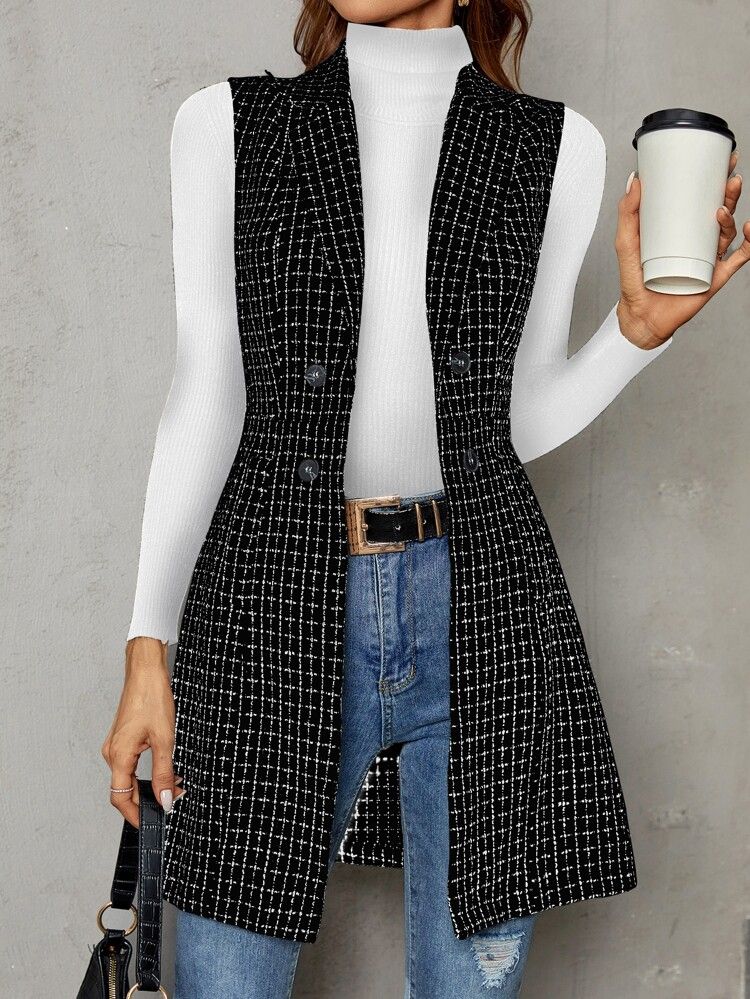 Plaid Double Breasted Lapel Collar Vest Coat | SHEIN
