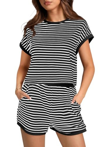Amazon.com: Tankaneo Womens Summer 2 Piece Sets Striped Short Sleeve T Shirts and Shorts Loungewe... | Amazon (US)