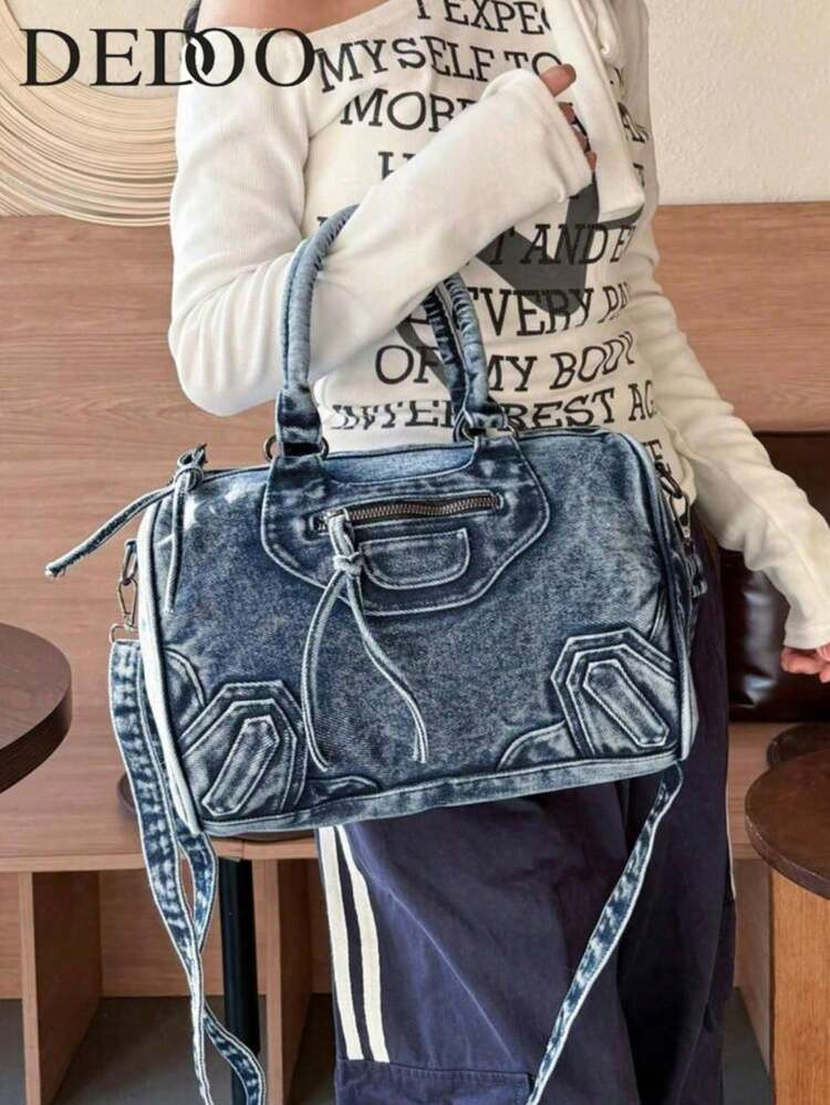 New Vintage Washed Denim Crossbody Bag, Casual Y2K Style Shoulder Bag, Dual Handle Tote Bag, Comp... | SHEIN